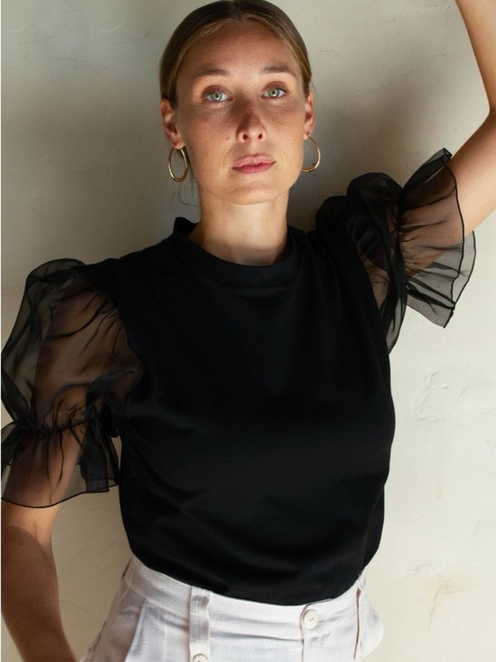 NWOT Rita Row Lorenta Black Silk Organza Puff Sleeve Top Sz Small